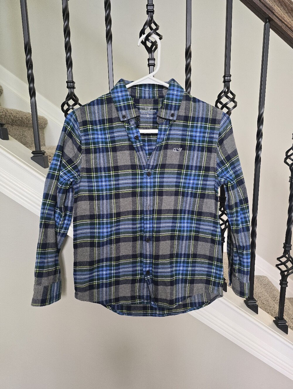 Vineyard Vines Boys Plaid Flannel Button Down Blue Green Size S 8/10